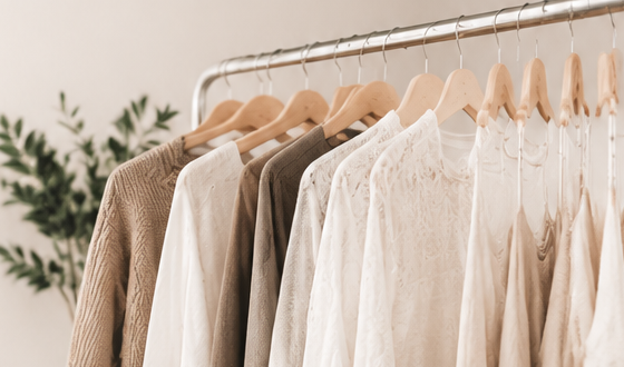Neutral boutique garments hanging on a rail